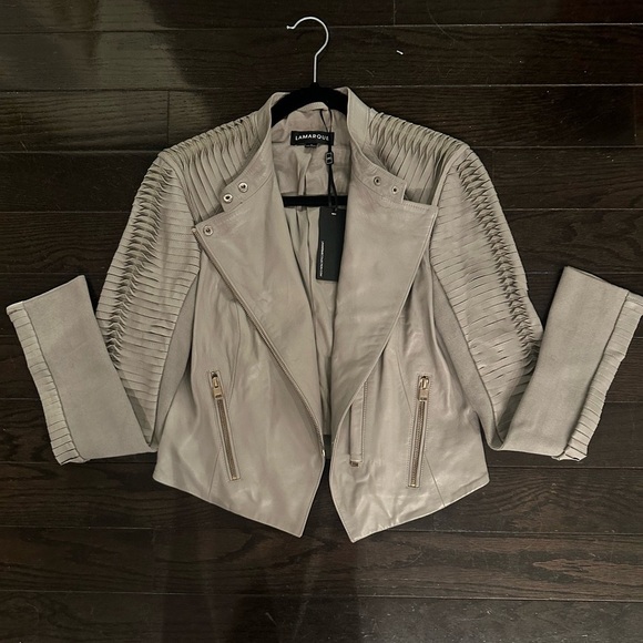 Lamarque Azra leather updated moto jacket sz S Ash Grey - Picture 4 of 6